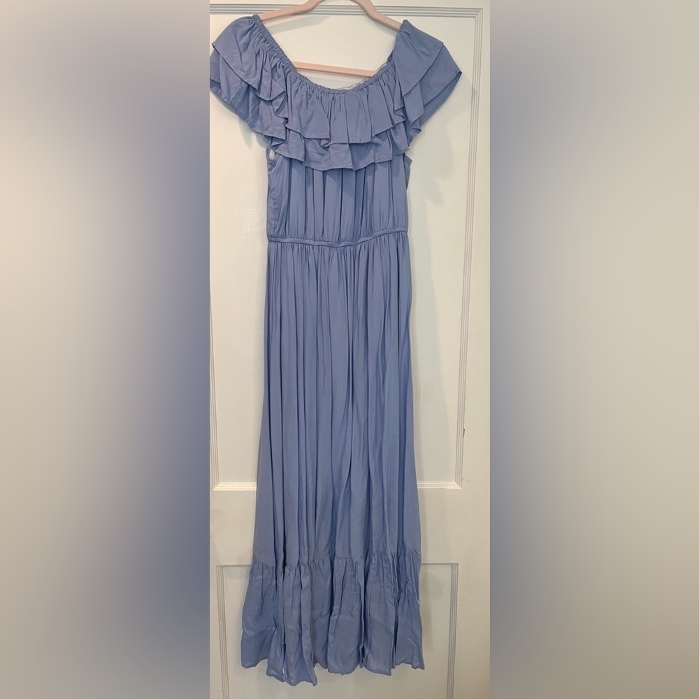 Off-Shoulder Light Blue Ruffled Maxi Dress - Picture 6 of 8